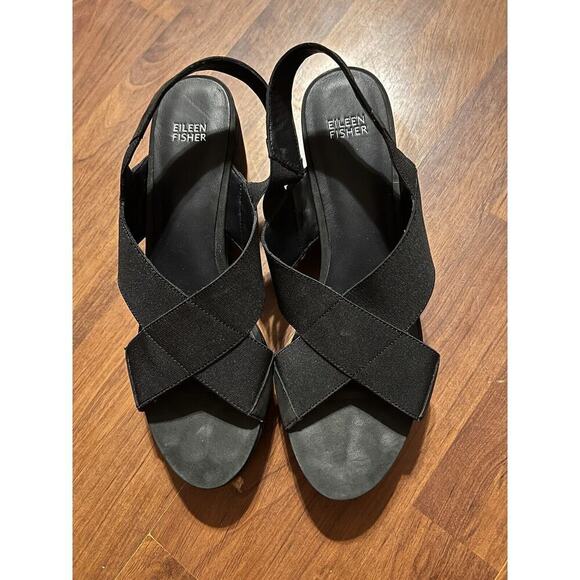Eileen Fisher Black Vero Cuoio Slingback Wedge Sandals 10 - Picture 1 of 6